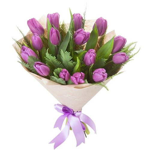 Фото товара 15 фиолетовых тюльпанов с декором в Белгород-Днестровском