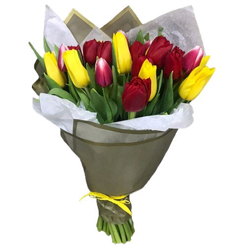 Фото товара 21 красно-жёлтый тюльпан в двойной упаковке в Белгород-Днестровском